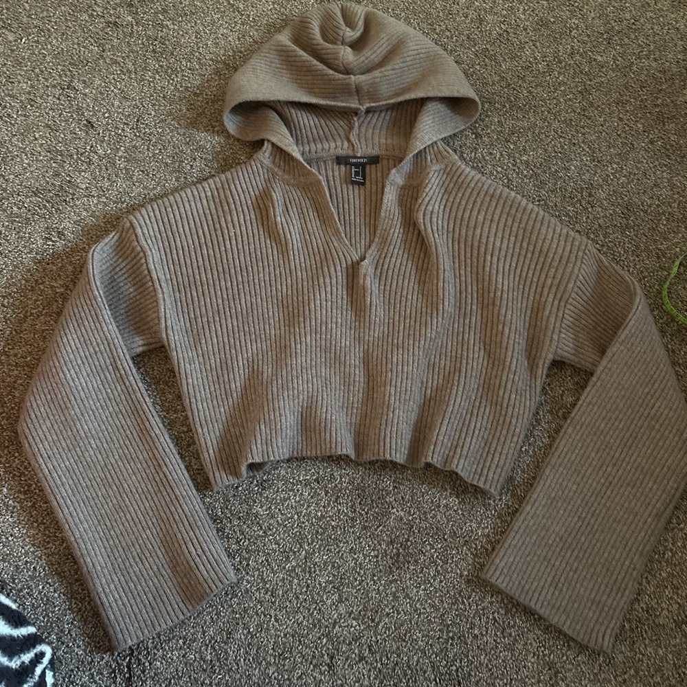 Cozy Brown Ribbed Knit Hoodie Sweater